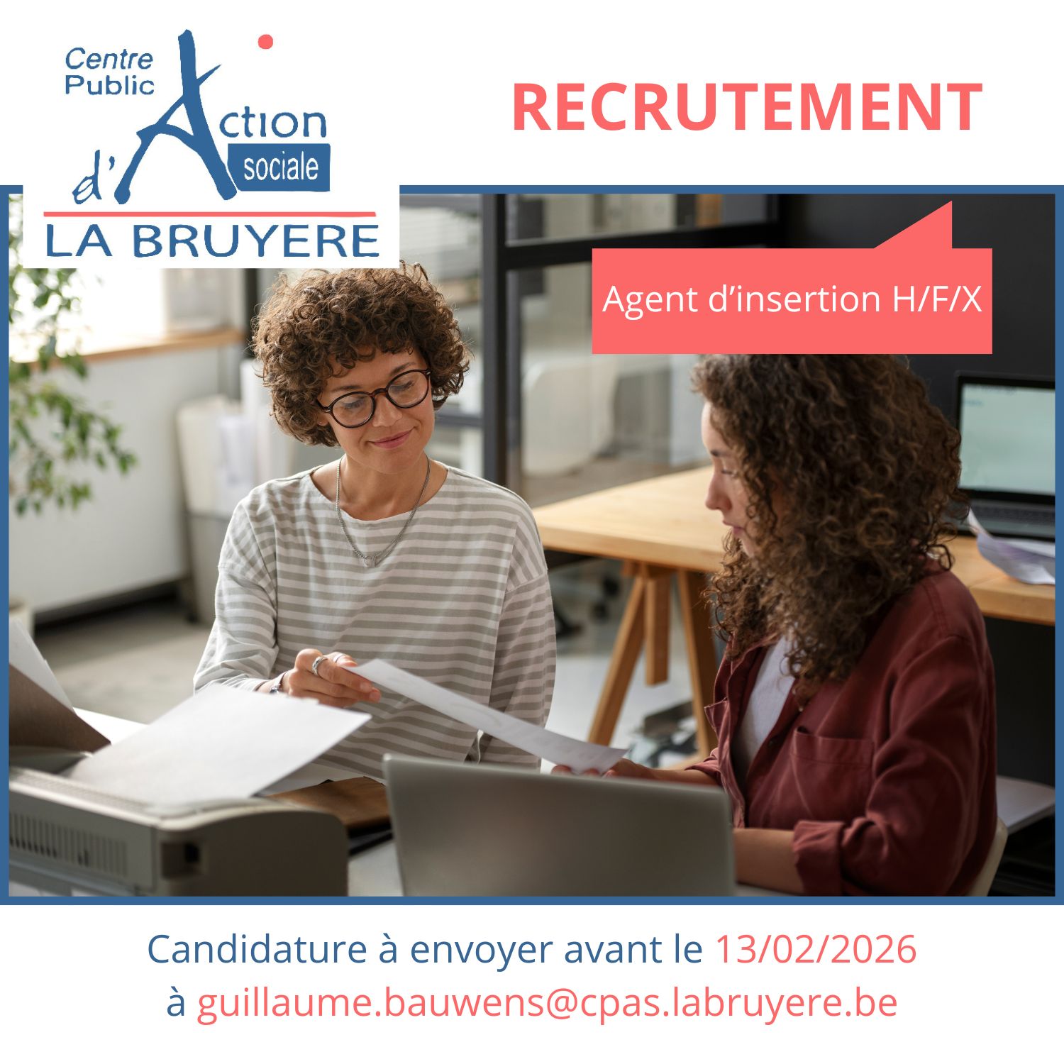 Offre d’emploi – C.P.A.S. de La Bruyère – Gradué(e) spécifique – Agent d’insertion de niveau B1 (H/F/X) à mi-temps (APE)